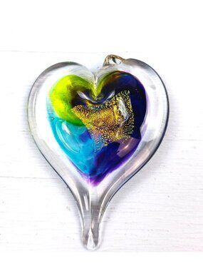 Handcrafted Heart-Shaped Glass Ornament With Vibrant Multicolor Swirls 3"x2" Dec